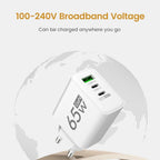 65W Gan Fast Charging Charger USB PD Type-C Multi-Port Mobile Phone Adapter for Iphone 15 Pro Max Samsung Xiaomi Huawei
